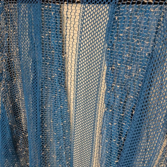 Vintage Lilly Blue Mesh Crinkle‎ Trim Cardigan Open Duster Boho Sheer Festival M - Picture 8 of 8